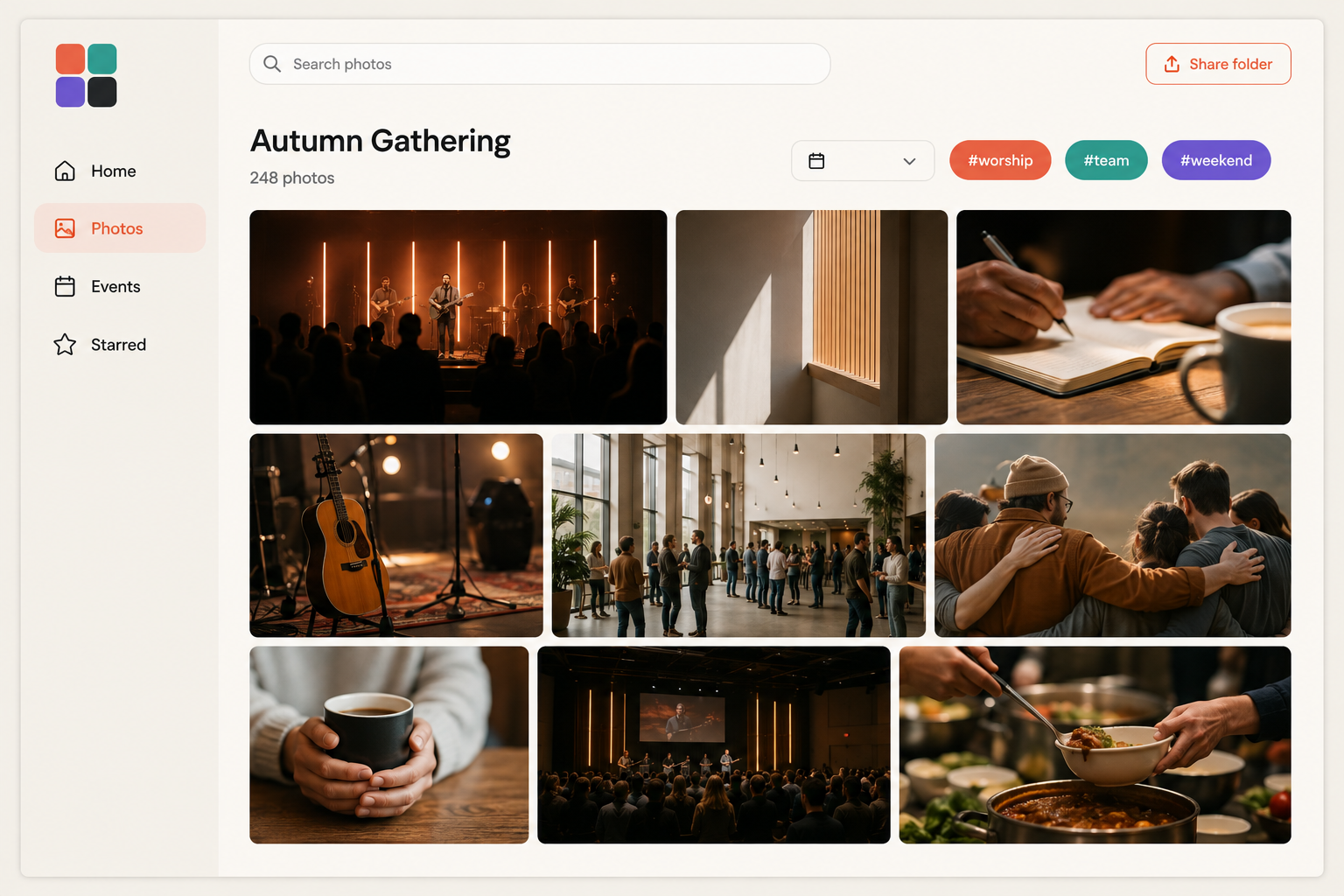Chromafile desktop interface showing an event photo library, search, tags, and sharing controls